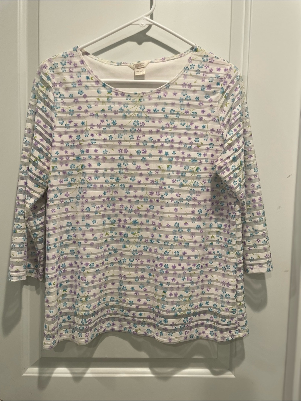 Christopher & Banks White Floral Striped Long-Sleeve Top with Purple & Blue